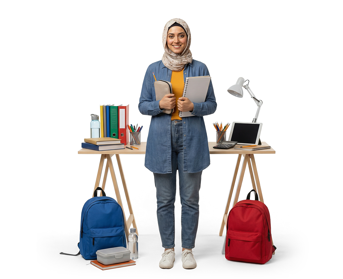 طالبة تستخدم حاسوباً محمولاً في حرم جامعي حديث